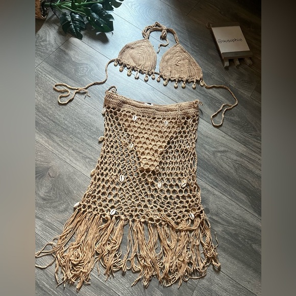 SHEIN Puka Shell Tan Crochet Bikini w Matching Drawstring Sarong Skirt. Size M L - Picture 11 of 16